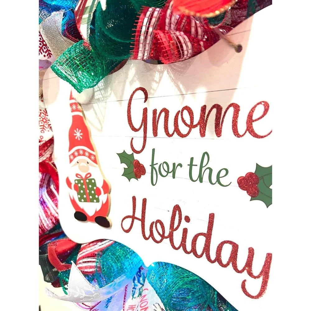 Handmade Christmas Gnome for the Holidays Ribbon Door Wreath 22 ins LED W37